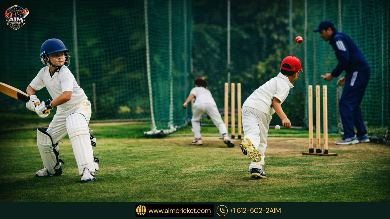 Young cricket player in full gear practicing batting at an AIM Cricket Academy net session with a coach.
