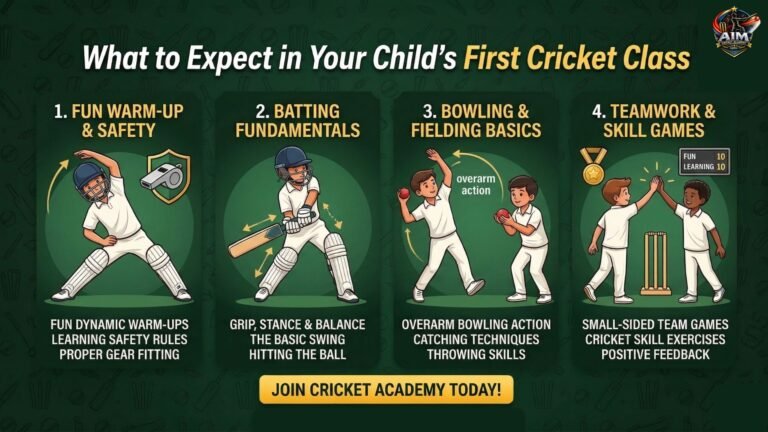 Infographic showing what to expect in a child’s first cricket class including warm-up, batting, bowling, and teamwork activities