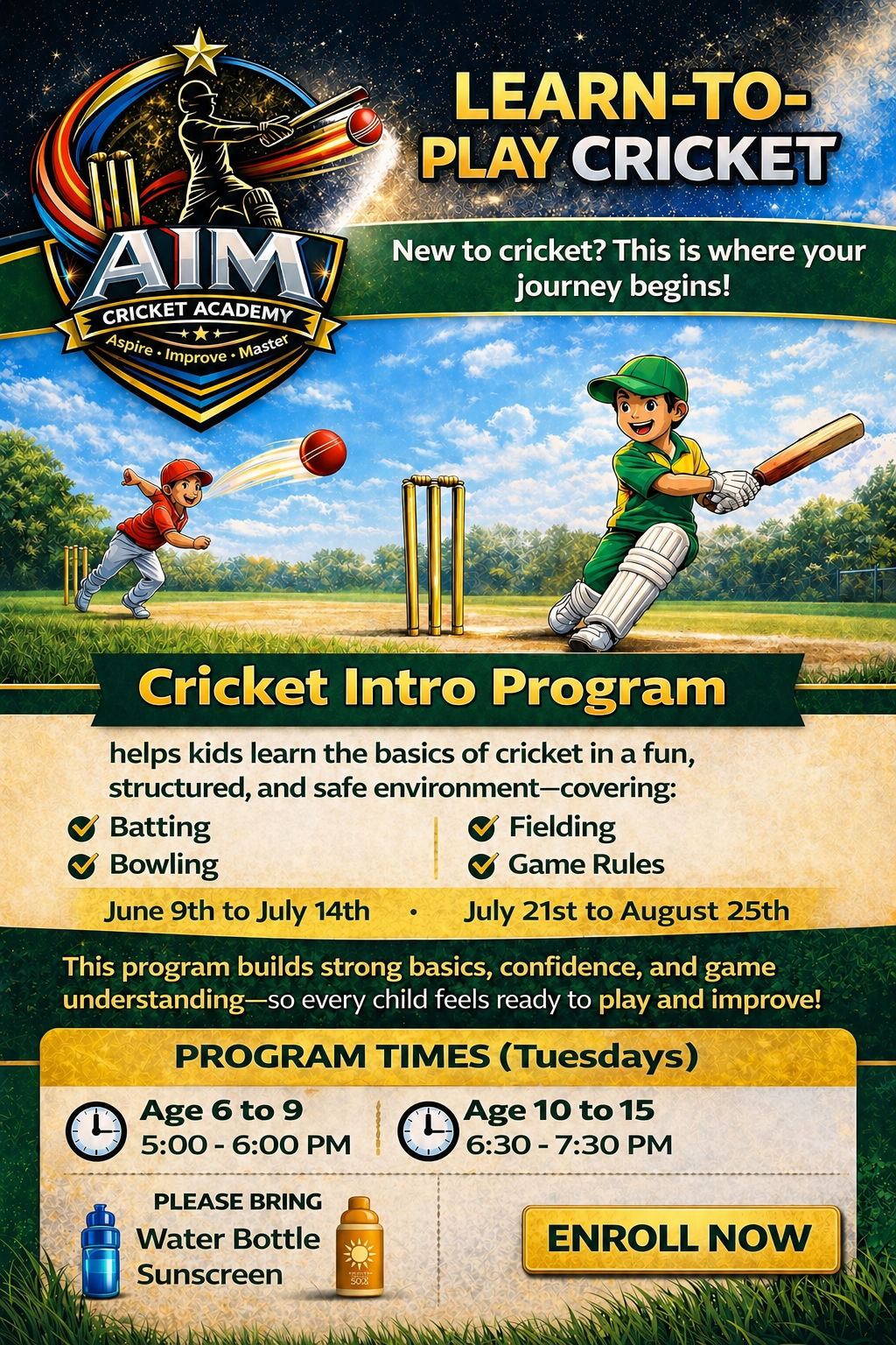 AIM Cricket Academy learn to play cricket poster for kids showing cricket intro program details and schedule