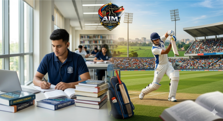 Student studying with books and laptop alongside young cricketer playing in stadium representing balance of academics and sports