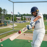Young cricketer practicing batting in nets with coach at AIM Cricket Academy training session